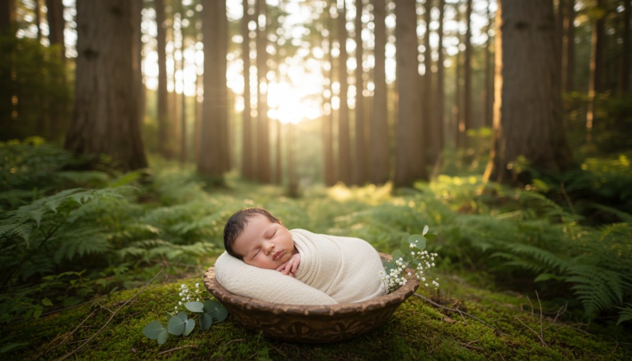 An enchanting Sassafras baby photography precious moments shot of a sleeping newborn swaddled in soft cream fabric, nestled in a rustic wooden basket with delicate eucalyptus leaves, bathed in warm, soft natural light filtering through the canopy of a tall mountain ash forest, capturing a serene and timeless portrait of innocence in the Dandenong Ranges.