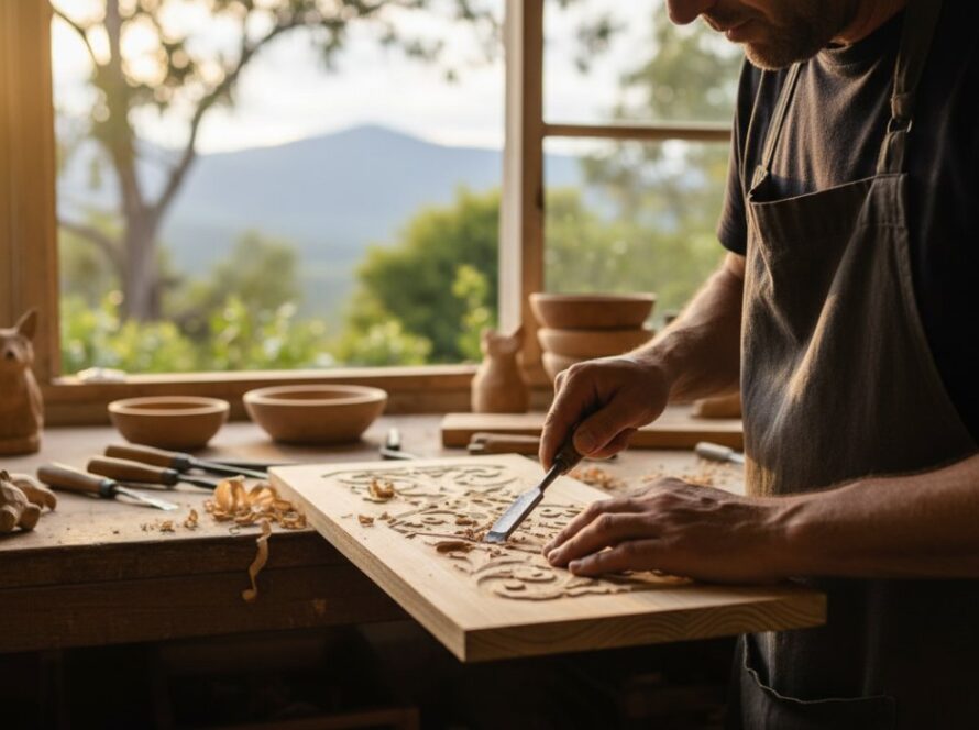 Dynamic Sassafras commercial photography for local businesses, capturing a vibrant artisan selling handcrafted wares amidst the lush, misty greenery of the Dandenongs, bathed in soft morning light, showcasing authentic local craftsmanship.