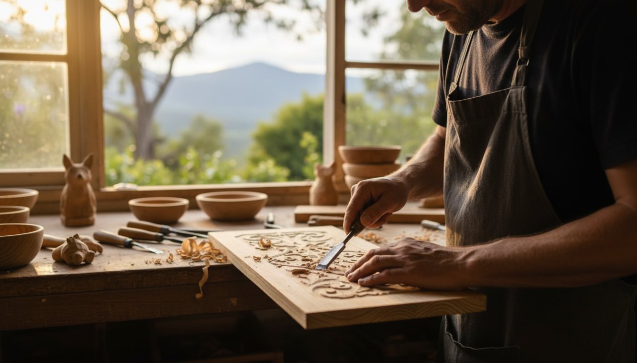 Dynamic Sassafras commercial photography for local businesses, capturing a vibrant artisan selling handcrafted wares amidst the lush, misty greenery of the Dandenongs, bathed in soft morning light, showcasing authentic local craftsmanship.