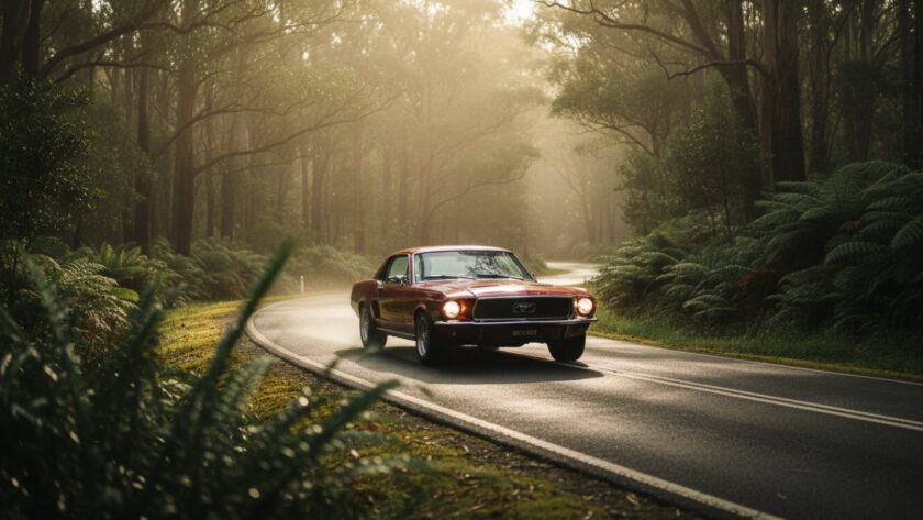 An epic moment of a gleaming, perfectly restored vintage red sports car parked on a winding road through lush, mist-kissed Sassafras Dandenong Ranges at dawn, captured with stunning Sassafras Dandenong Ranges classic car photography.