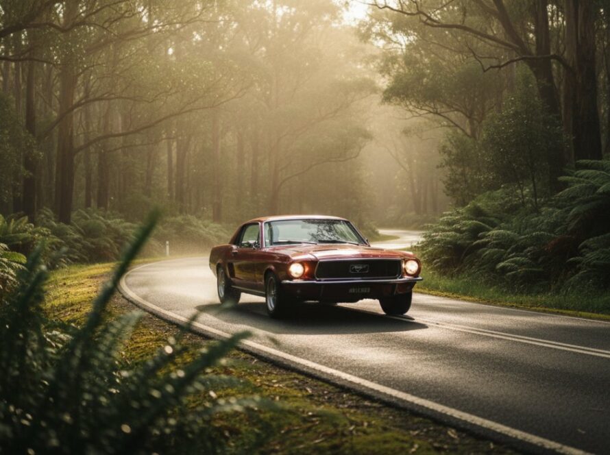 An epic moment of a gleaming, perfectly restored vintage red sports car parked on a winding road through lush, mist-kissed Sassafras Dandenong Ranges at dawn, captured with stunning Sassafras Dandenong Ranges classic car photography.