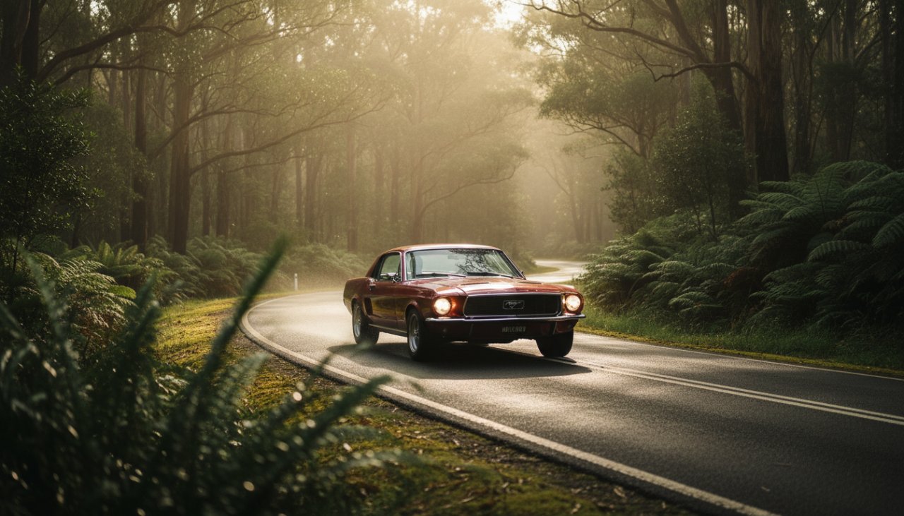 An epic moment of a gleaming, perfectly restored vintage red sports car parked on a winding road through lush, mist-kissed Sassafras Dandenong Ranges at dawn, captured with stunning Sassafras Dandenong Ranges classic car photography.