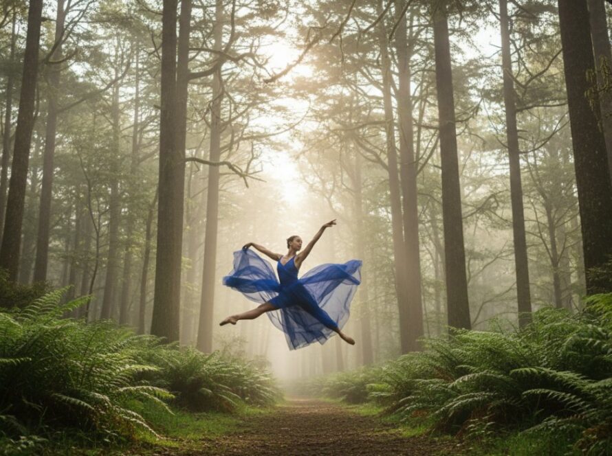 An 'epic moment' photograph showcasing a dancer in an elegant, dynamic pose amidst the lush, misty forest of Sassafras, Dandenong Ranges, perfectly illustrating Sassafras Dandenong Ranges creative dance photography.