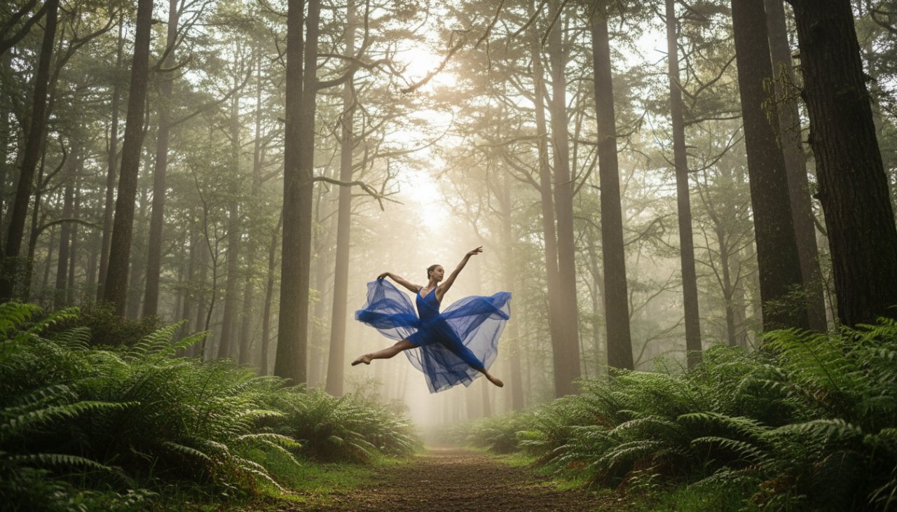An 'epic moment' photograph showcasing a dancer in an elegant, dynamic pose amidst the lush, misty forest of Sassafras, Dandenong Ranges, perfectly illustrating Sassafras Dandenong Ranges creative dance photography.