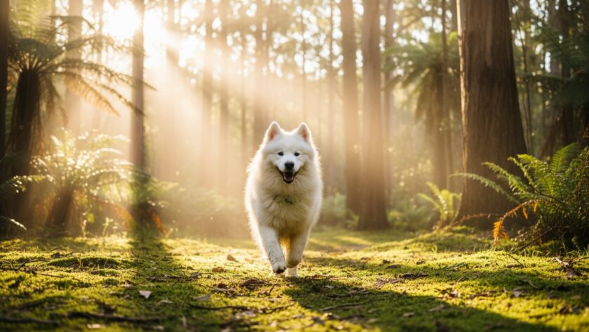 An ecstatic golden retriever leaping through a sun-dappled forest path near Sassafras, embodying the spirit of Sassafras Dandenongs joyful pet portraits, captured in an epic, vibrant moment.