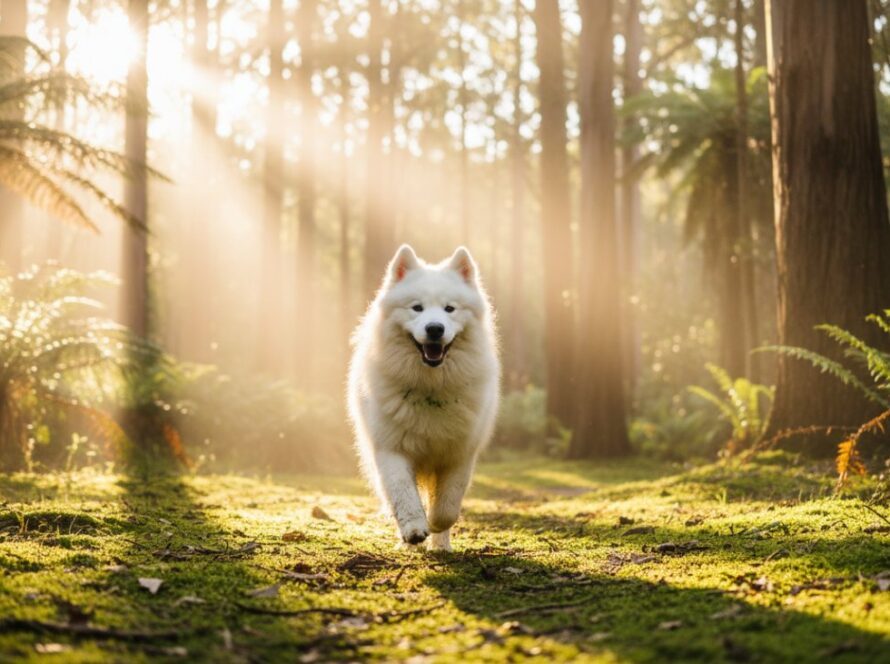An ecstatic golden retriever leaping through a sun-dappled forest path near Sassafras, embodying the spirit of Sassafras Dandenongs joyful pet portraits, captured in an epic, vibrant moment.