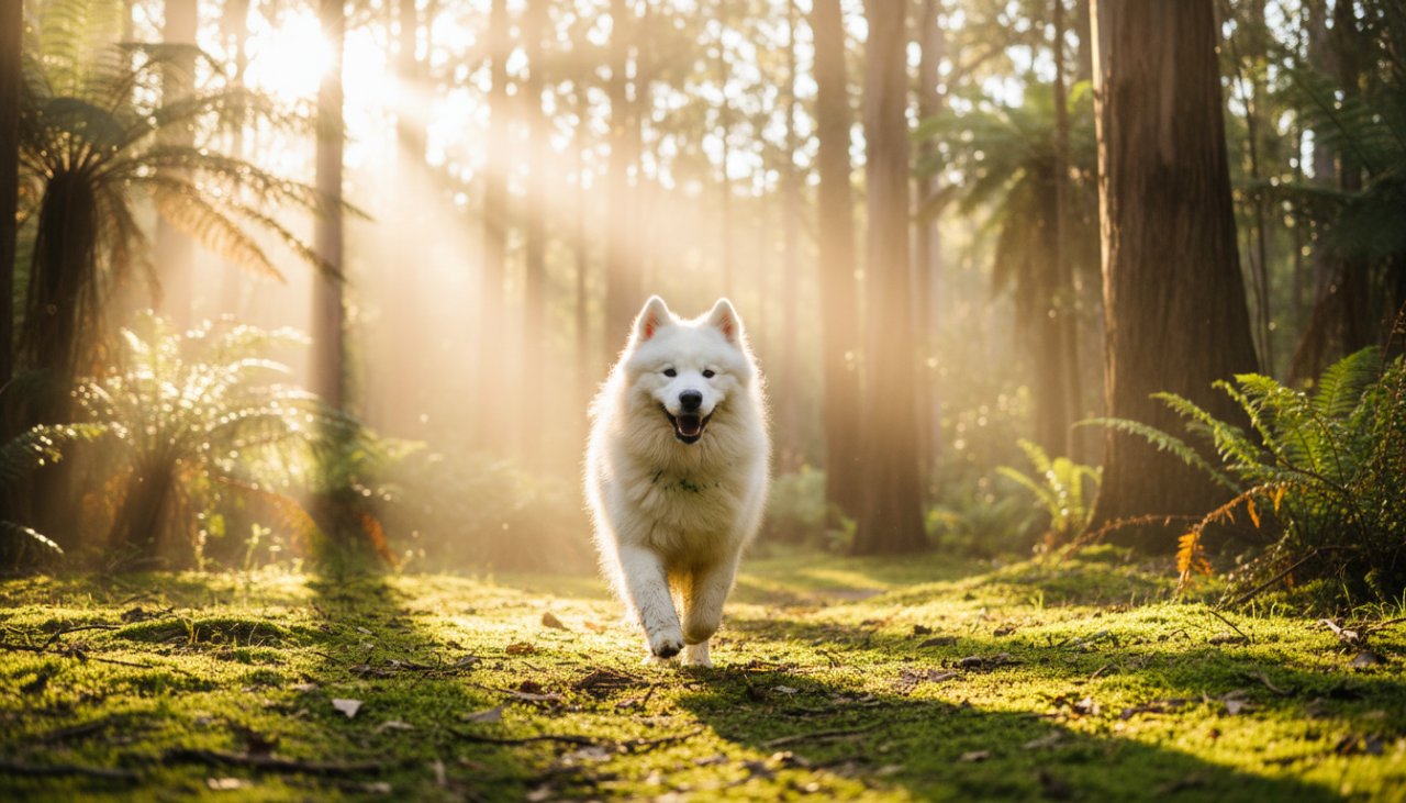 An ecstatic golden retriever leaping through a sun-dappled forest path near Sassafras, embodying the spirit of Sassafras Dandenongs joyful pet portraits, captured in an epic, vibrant moment.