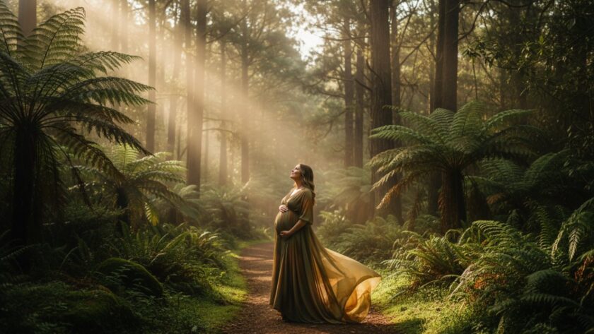 An expectant mother, radiating joy, stands gracefully amidst the lush, ancient ferns of the Dandenong Ranges near Sassafras, bathed in soft, golden hour light, capturing an epic Sassafras Dandenongs maternity photography experience with a sense of wonder and natural beauty.