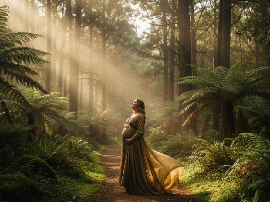 An expectant mother, radiating joy, stands gracefully amidst the lush, ancient ferns of the Dandenong Ranges near Sassafras, bathed in soft, golden hour light, capturing an epic Sassafras Dandenongs maternity photography experience with a sense of wonder and natural beauty.