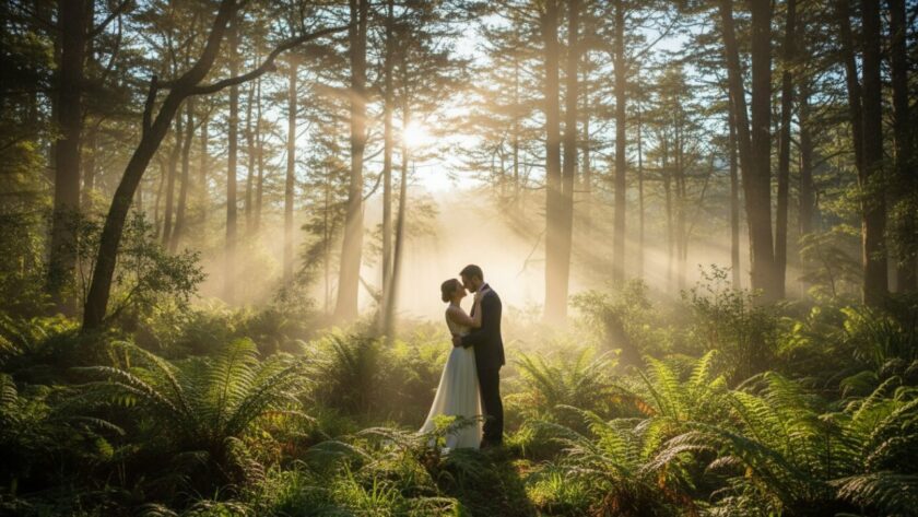 An epic romantic moment captured during a Sassafras Dandenongs pre-wedding photoshoot, featuring a couple embracing amidst the misty, sun-dappled fern gully, showcasing their deep connection and the magical Dandenong Ranges atmosphere.