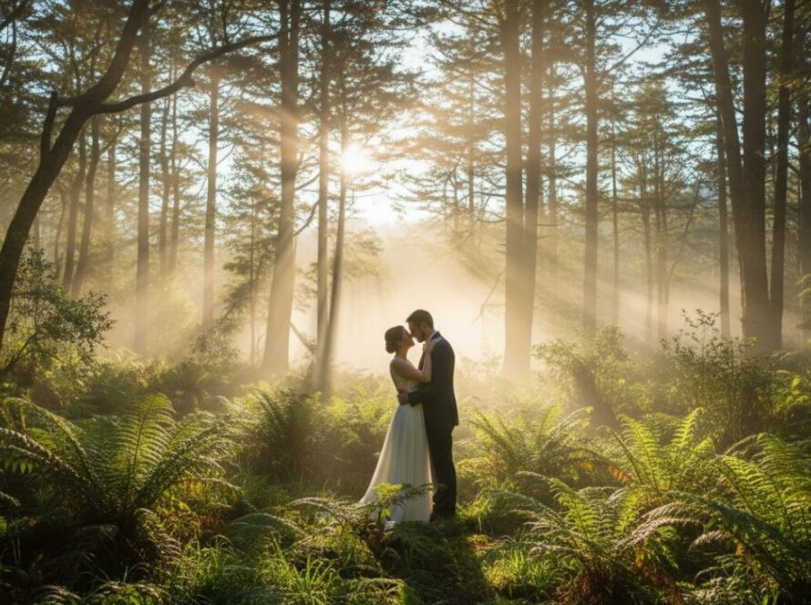 An epic romantic moment captured during a Sassafras Dandenongs pre-wedding photoshoot, featuring a couple embracing amidst the misty, sun-dappled fern gully, showcasing their deep connection and the magical Dandenong Ranges atmosphere.