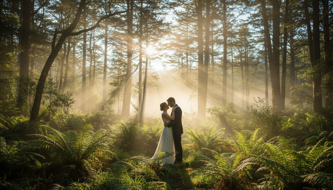 An epic romantic moment captured during a Sassafras Dandenongs pre-wedding photoshoot, featuring a couple embracing amidst the misty, sun-dappled fern gully, showcasing their deep connection and the magical Dandenong Ranges atmosphere.