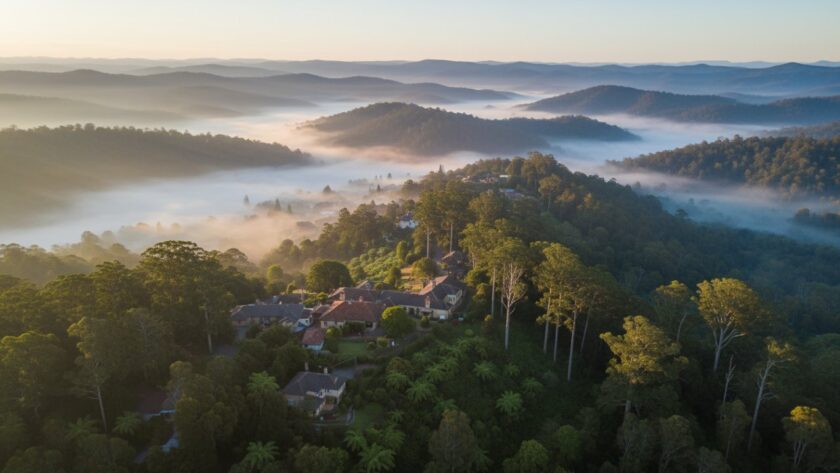 An epic Sassafras drone photography Dandenong Ranges views shot capturing the misty morning light over lush, rolling hills and quaint village rooftops, evoking a sense of tranquil grandeur.