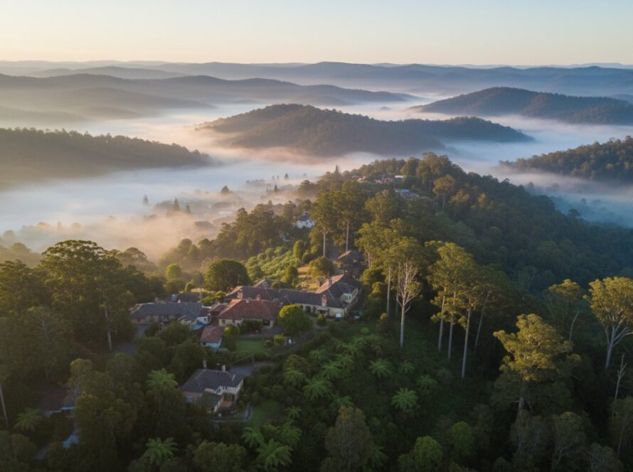 An epic Sassafras drone photography Dandenong Ranges views shot capturing the misty morning light over lush, rolling hills and quaint village rooftops, evoking a sense of tranquil grandeur.