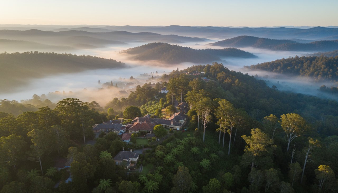 An epic Sassafras drone photography Dandenong Ranges views shot capturing the misty morning light over lush, rolling hills and quaint village rooftops, evoking a sense of tranquil grandeur.