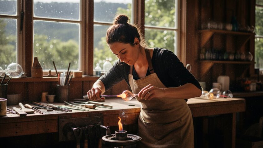 A Sassafras editorial photography for artisan brands shot showcasing a local artisan meticulously crafting a bespoke ceramic piece in their rustic Sassafras workshop, bathed in soft, natural light, capturing an epic moment of focused creation.