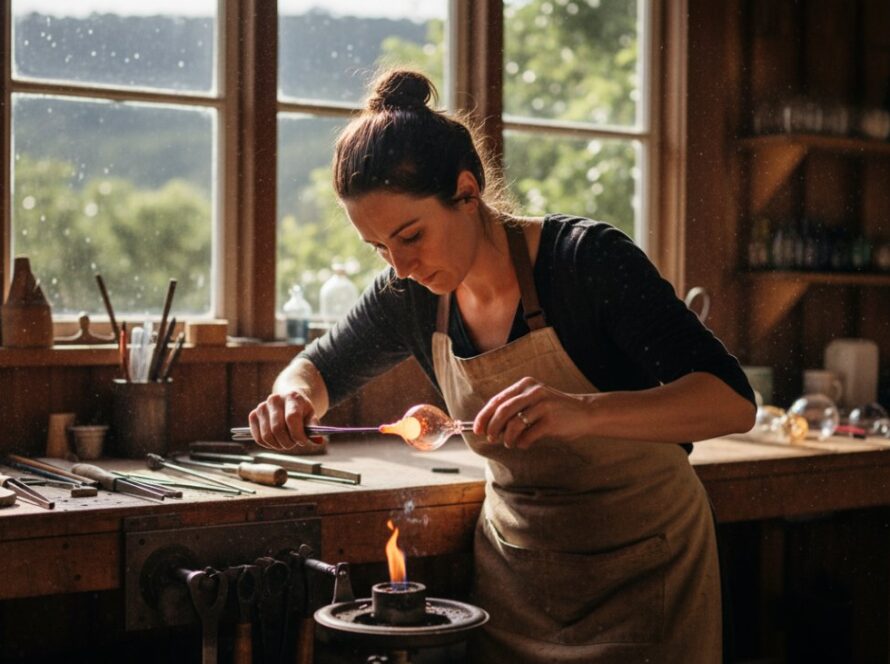 A Sassafras editorial photography for artisan brands shot showcasing a local artisan meticulously crafting a bespoke ceramic piece in their rustic Sassafras workshop, bathed in soft, natural light, capturing an epic moment of focused creation.