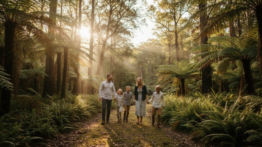 An epic moment from a Sassafras family photoshoots session, featuring a family laughing joyfully as they walk hand-in-hand through a sun-dappled fern glade in the Dandenong Ranges.