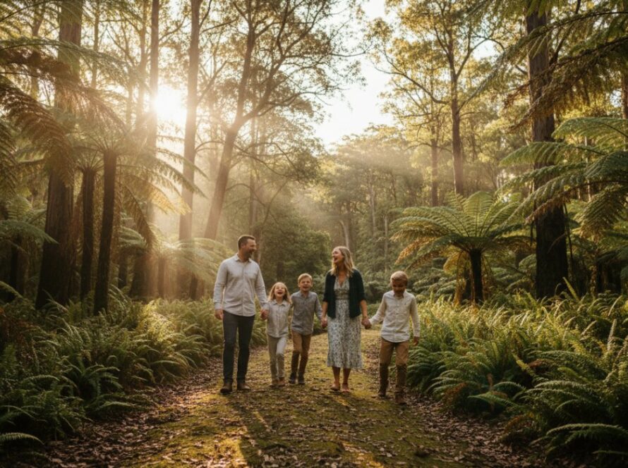 An epic moment from a Sassafras family photoshoots session, featuring a family laughing joyfully as they walk hand-in-hand through a sun-dappled fern glade in the Dandenong Ranges.