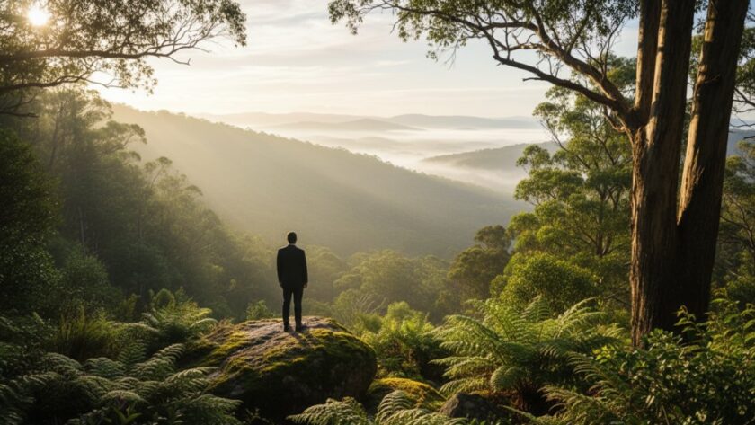 An ethereal fine art photograph of a lone figure contemplating the misty, sun-dappled canopy of ancient trees in Sassafras, Victoria, perfectly capturing the Dandenongs' soulful beauty at dawn.