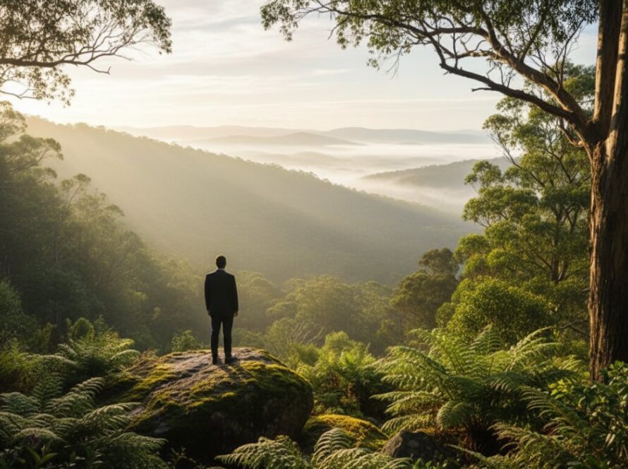 An ethereal fine art photograph of a lone figure contemplating the misty, sun-dappled canopy of ancient trees in Sassafras, Victoria, perfectly capturing the Dandenongs' soulful beauty at dawn.