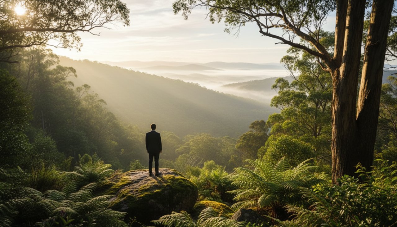 An ethereal fine art photograph of a lone figure contemplating the misty, sun-dappled canopy of ancient trees in Sassafras, Victoria, perfectly capturing the Dandenongs' soulful beauty at dawn.