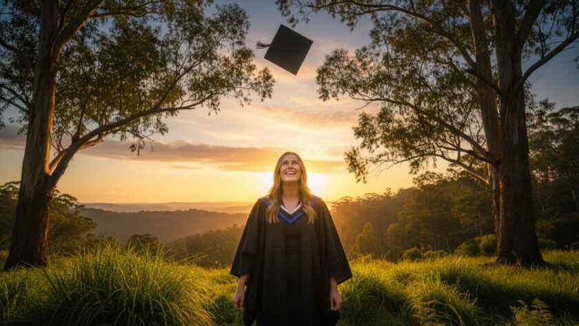 A joyous graduate, cap in the air, framed by the majestic gum trees and rolling hills of the Dandenong Ranges during a Sassafras Graduation Photography Dandenong Ranges session at sunset, celebrating an epic milestone.