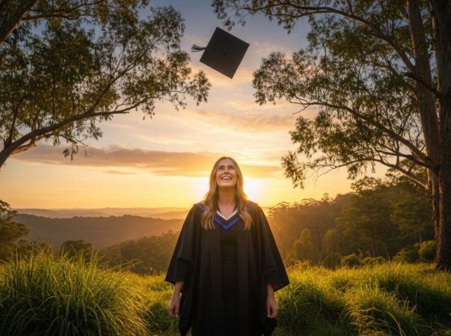 A joyous graduate, cap in the air, framed by the majestic gum trees and rolling hills of the Dandenong Ranges during a Sassafras Graduation Photography Dandenong Ranges session at sunset, celebrating an epic milestone.