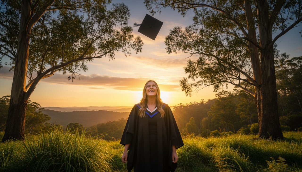 A joyous graduate, cap in the air, framed by the majestic gum trees and rolling hills of the Dandenong Ranges during a Sassafras Graduation Photography Dandenong Ranges session at sunset, celebrating an epic milestone.