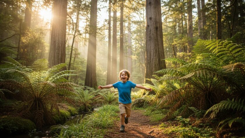 An adventurous child laughing joyfully amidst the lush ferns and towering trees of a Sassafras forest, sunlight dappling through the canopy, perfectly encapsulating Sassafras kids photography enchanting Dandenong Ranges.
