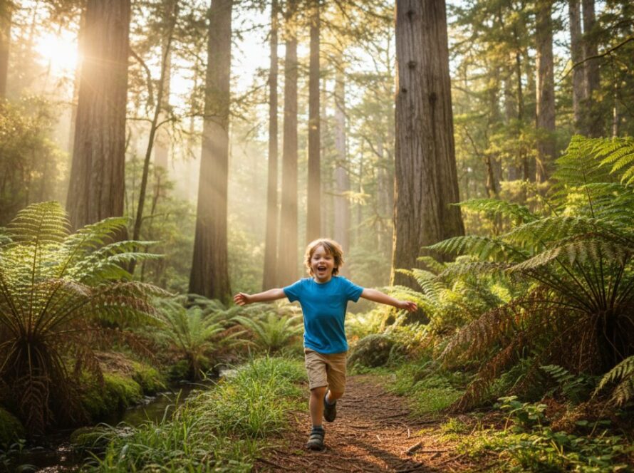 An adventurous child laughing joyfully amidst the lush ferns and towering trees of a Sassafras forest, sunlight dappling through the canopy, perfectly encapsulating Sassafras kids photography enchanting Dandenong Ranges.