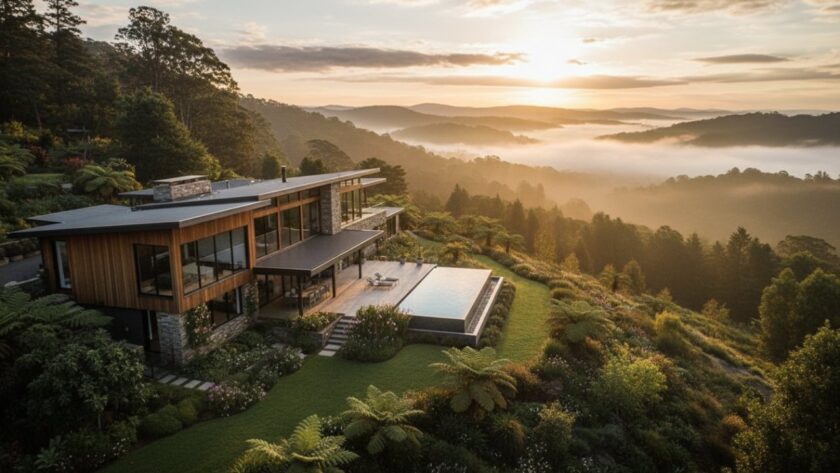 A stunning, golden hour aerial view showcasing a beautifully landscaped Sassafras luxury property photography Victoria, nestled amongst the lush Dandenong Ranges foliage, with mist rising in the background creating an ethereal, cinematic atmosphere.