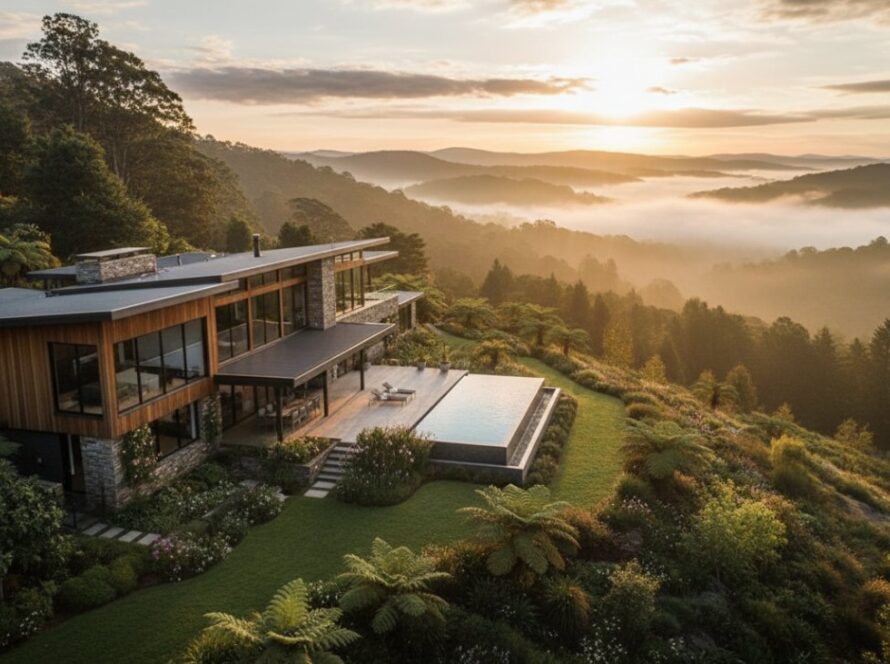 A stunning, golden hour aerial view showcasing a beautifully landscaped Sassafras luxury property photography Victoria, nestled amongst the lush Dandenong Ranges foliage, with mist rising in the background creating an ethereal, cinematic atmosphere.