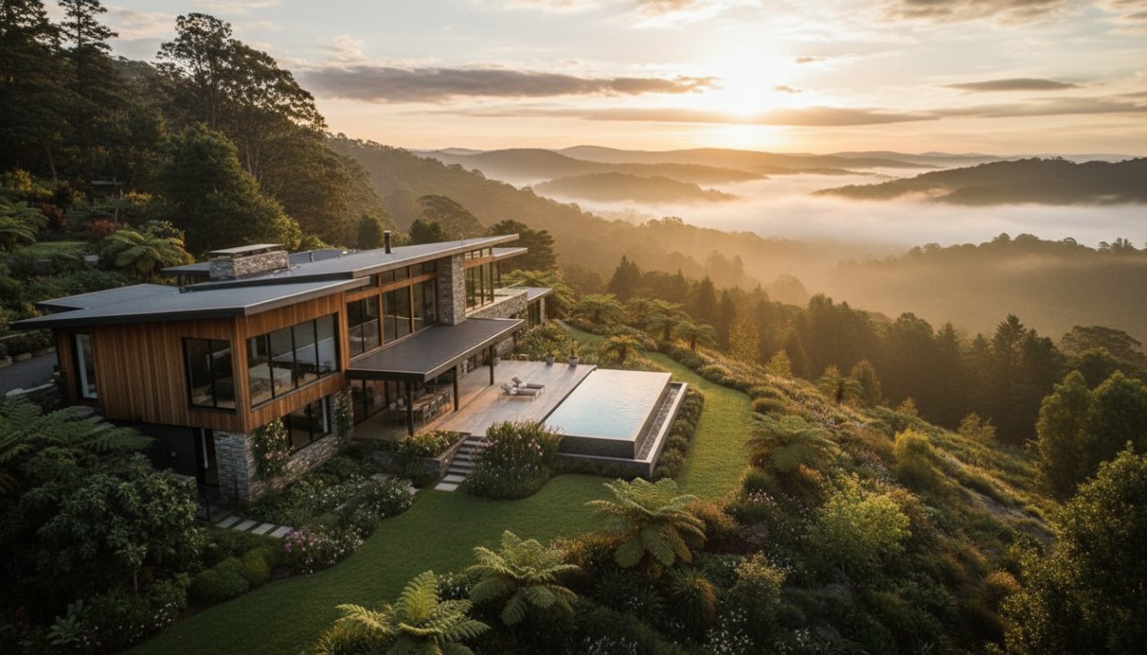 A stunning, golden hour aerial view showcasing a beautifully landscaped Sassafras luxury property photography Victoria, nestled amongst the lush Dandenong Ranges foliage, with mist rising in the background creating an ethereal, cinematic atmosphere.