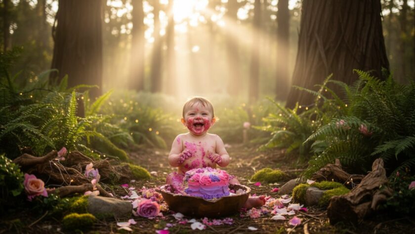 An adorable baby, covered in cake, laughing joyously amidst a whimsical fairy garden setup for a Sassafras magical first birthday cake smash, with soft dappled sunlight filtering through the Sassafras trees.