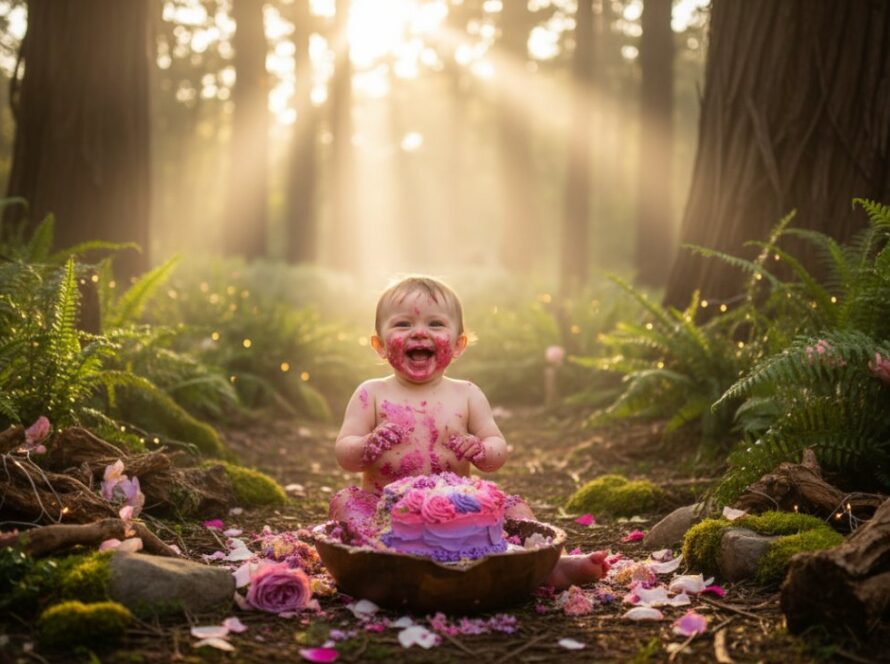 An adorable baby, covered in cake, laughing joyously amidst a whimsical fairy garden setup for a Sassafras magical first birthday cake smash, with soft dappled sunlight filtering through the Sassafras trees.
