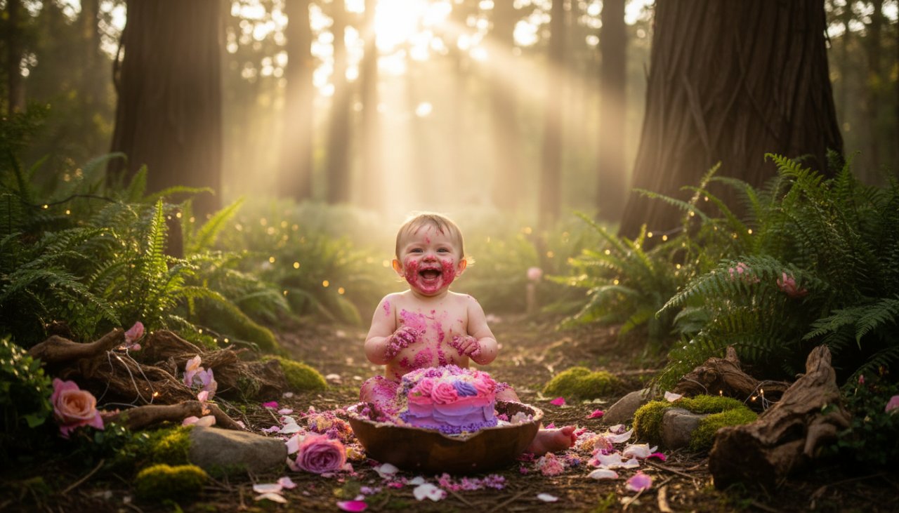 An adorable baby, covered in cake, laughing joyously amidst a whimsical fairy garden setup for a Sassafras magical first birthday cake smash, with soft dappled sunlight filtering through the Sassafras trees.