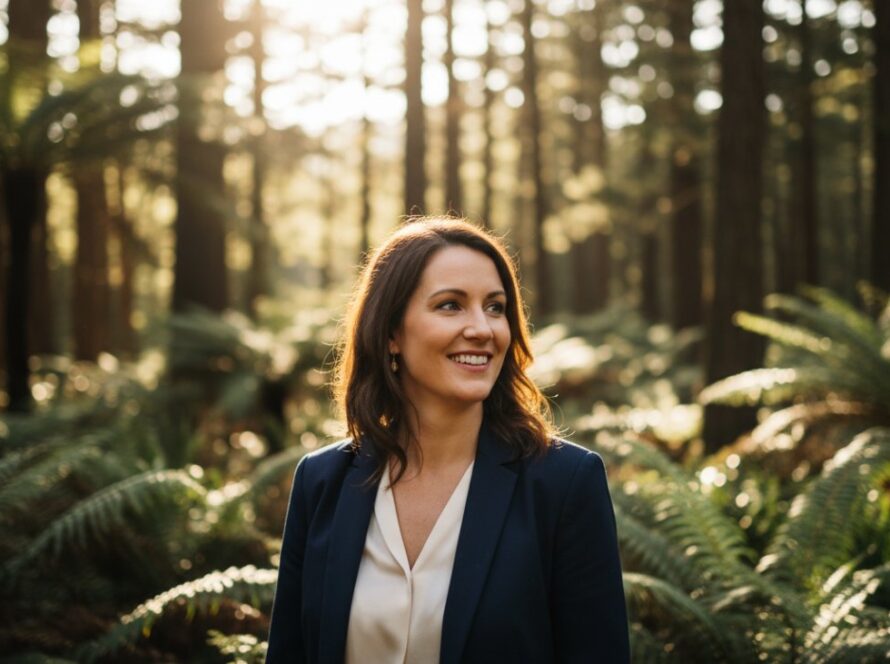 Dynamic Sassafras professional headshots for local businesses, featuring a confident entrepreneur silhouetted against the warm afternoon light filtering through the Dandenong Ranges foliage, captured with a shallow depth of field for a cinematic feel.