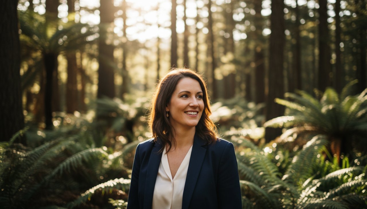 Dynamic Sassafras professional headshots for local businesses, featuring a confident entrepreneur silhouetted against the warm afternoon light filtering through the Dandenong Ranges foliage, captured with a shallow depth of field for a cinematic feel.