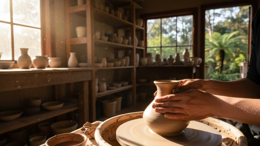 An artisan carefully pouring freshly brewed tea from a unique, handcrafted ceramic teapot into a delicate cup, bathed in warm, natural light filtering through tall Sassafras trees, showcasing the intricate details for Sassafras Victoria advertising photography for artisan brands.