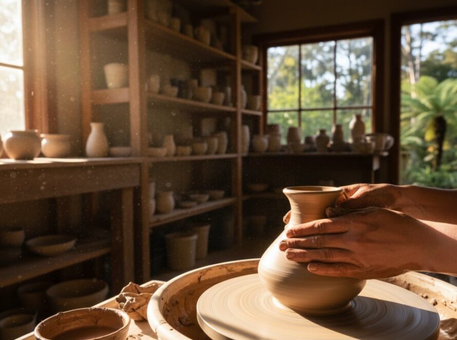 An artisan carefully pouring freshly brewed tea from a unique, handcrafted ceramic teapot into a delicate cup, bathed in warm, natural light filtering through tall Sassafras trees, showcasing the intricate details for Sassafras Victoria advertising photography for artisan brands.