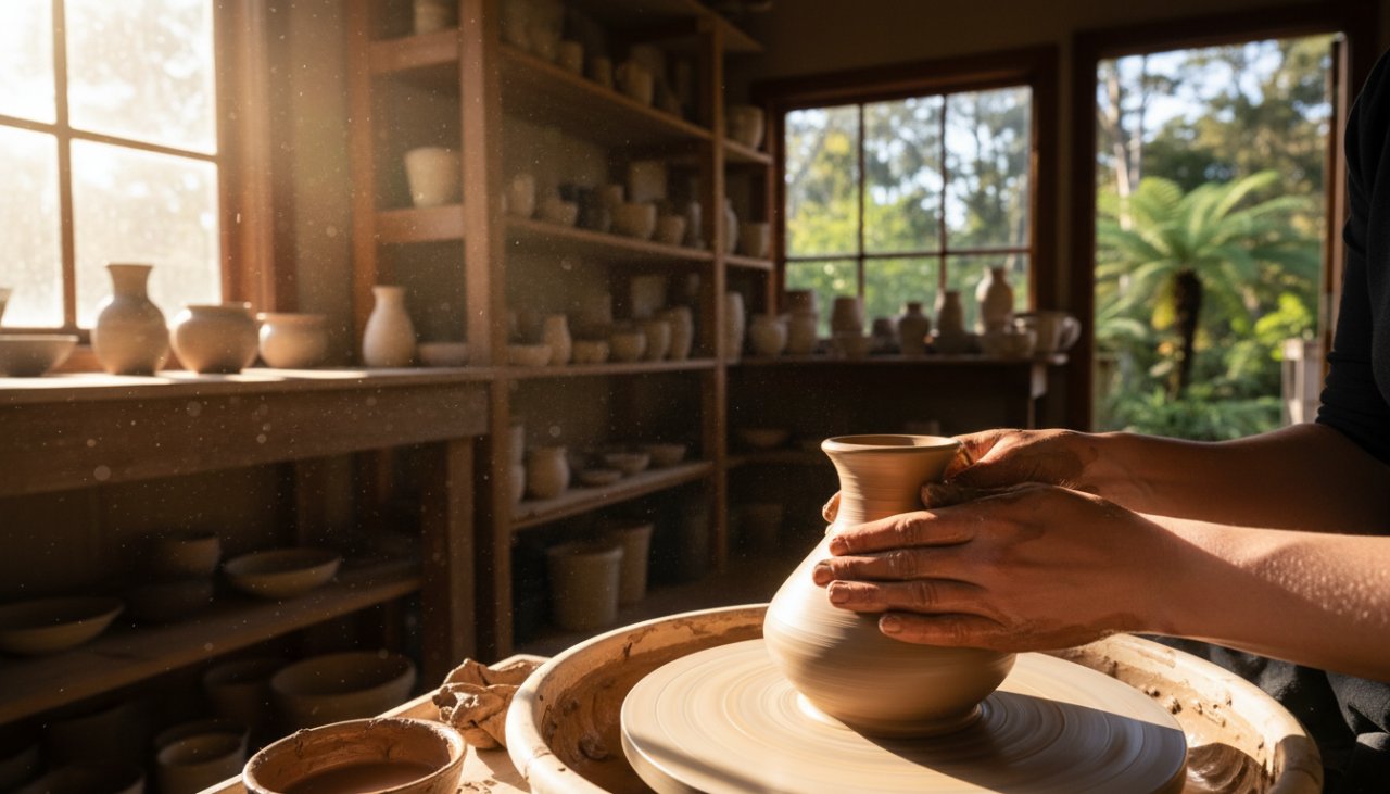 An artisan carefully pouring freshly brewed tea from a unique, handcrafted ceramic teapot into a delicate cup, bathed in warm, natural light filtering through tall Sassafras trees, showcasing the intricate details for Sassafras Victoria advertising photography for artisan brands.