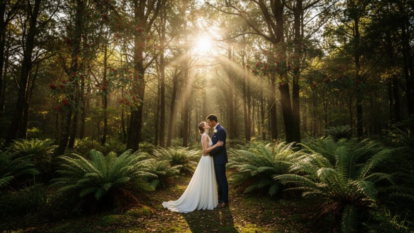 An epic moment of a newlywed couple sharing an intimate embrace amidst the lush, sun-dappled fern gullies of Sassafras, Victoria, embodying Sassafras wedding photography Dandenong Ranges intimate moments, captured at golden hour.