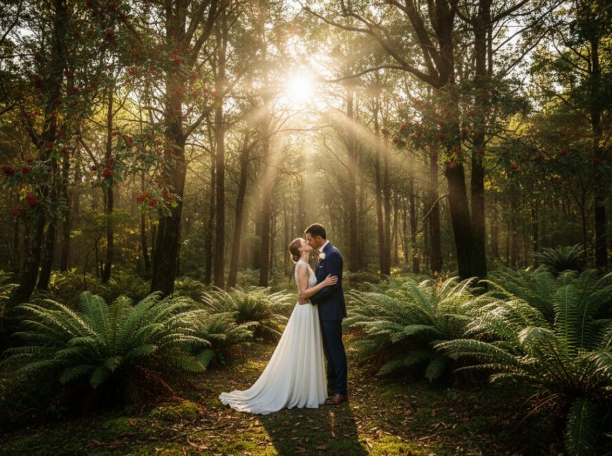 An epic moment of a newlywed couple sharing an intimate embrace amidst the lush, sun-dappled fern gullies of Sassafras, Victoria, embodying Sassafras wedding photography Dandenong Ranges intimate moments, captured at golden hour.