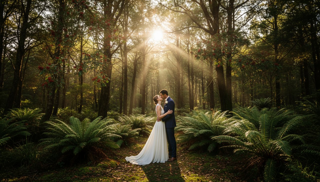 An epic moment of a newlywed couple sharing an intimate embrace amidst the lush, sun-dappled fern gullies of Sassafras, Victoria, embodying Sassafras wedding photography Dandenong Ranges intimate moments, captured at golden hour.