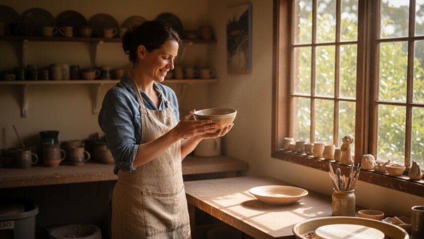 Selby Branding Photography Storytelling for Small Businesses: A female artisan proudly displays her handcrafted ceramics in a sun-drenched Selby studio, capturing an authentic moment of creative passion.