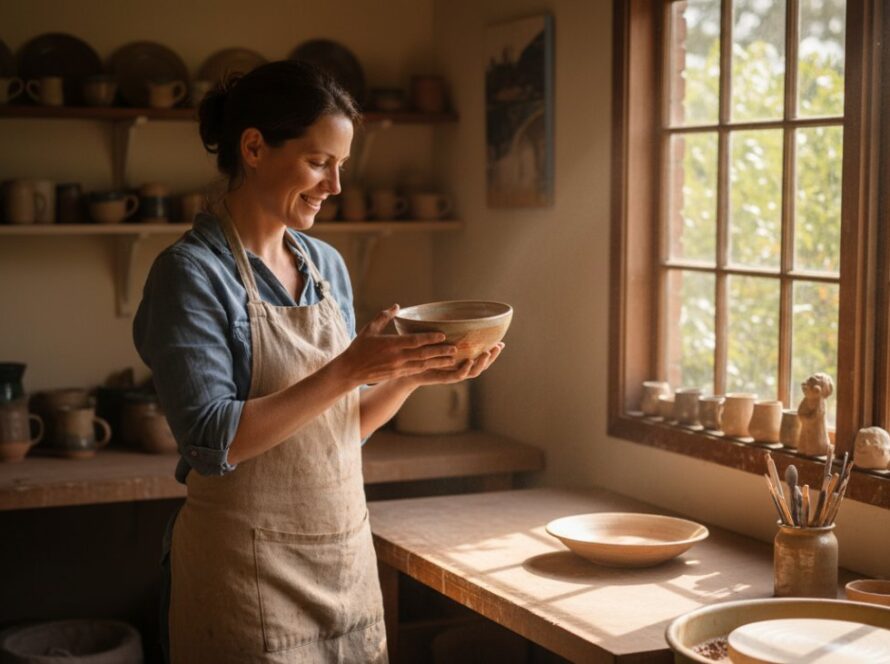Selby Branding Photography Storytelling for Small Businesses: A female artisan proudly displays her handcrafted ceramics in a sun-drenched Selby studio, capturing an authentic moment of creative passion.