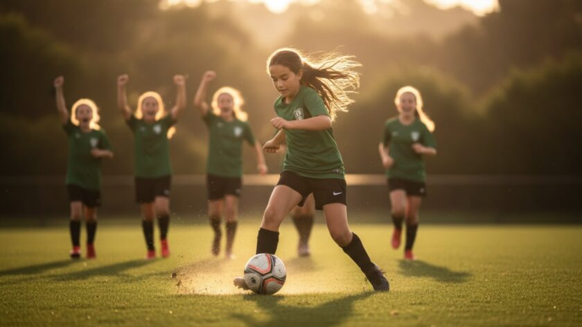 An epic moment in Selby junior sports photography moments Victoria, showing a young athlete mid-air, scoring a winning goal with exuberant teammates celebrating in the background, bathed in golden hour light.
