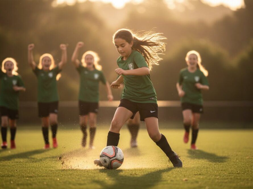 An epic moment in Selby junior sports photography moments Victoria, showing a young athlete mid-air, scoring a winning goal with exuberant teammates celebrating in the background, bathed in golden hour light.