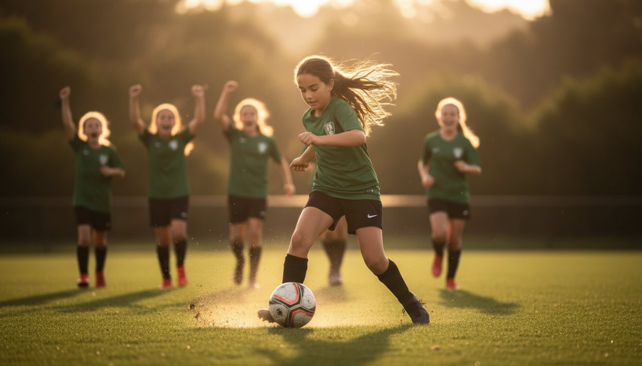 An epic moment in Selby junior sports photography moments Victoria, showing a young athlete mid-air, scoring a winning goal with exuberant teammates celebrating in the background, bathed in golden hour light.